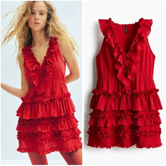 H&M Ruffle-Trimmed Dress Bright Red - Picture 1 of 7